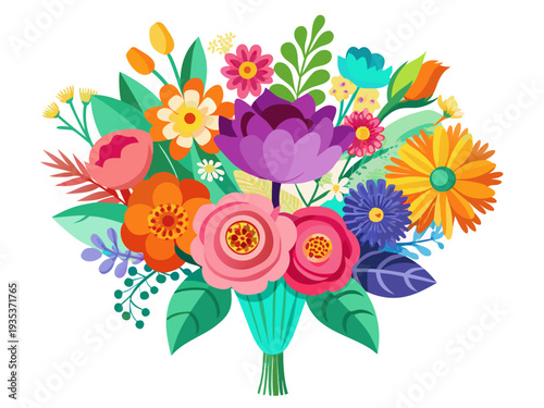 Vibrant bouquet arrangement featuring colorful flowers with diverse bloom shapes against a white background