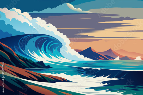 Vibrant ocean wave crashes against rocky shore at sunset with dramatic sky and distant mountains in dynamic artistic landscape