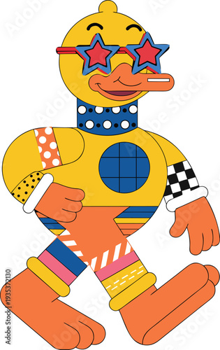 Retro Pop Art Duck Character with Star Sunglasses and Colorful Geometric Patterns
