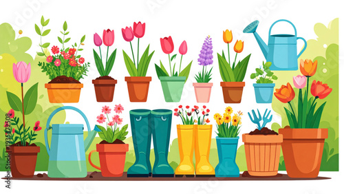 Spring gardening tools and flowers illustration set featuring watering cans, boots, gloves, pots, and blooming plants in colorful flat vector style