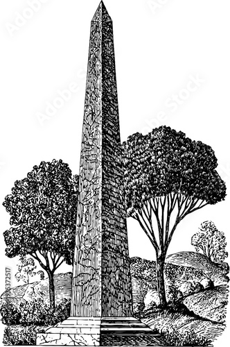Ancient stone obelisk with botanical surroundings - vintage hand drawn monument illustration