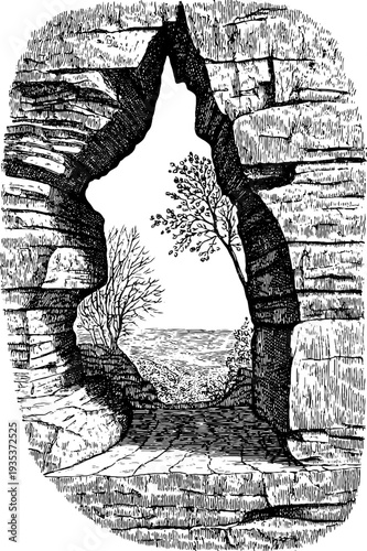 Ancient ruins stone frame with botanical crafts in hand drawn vintage engraving style