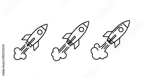 Minimal Line Flying Rocket Icons – Outline Vector Spacecraft Set