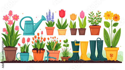 Spring gardening tools and flowers illustration set featuring watering cans, boots, gloves, pots, and blooming plants in colorful flat vector style