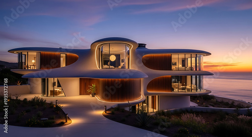 Modern Luxury Mansion with Ocean View at Dusk, Architectural Masterpiece