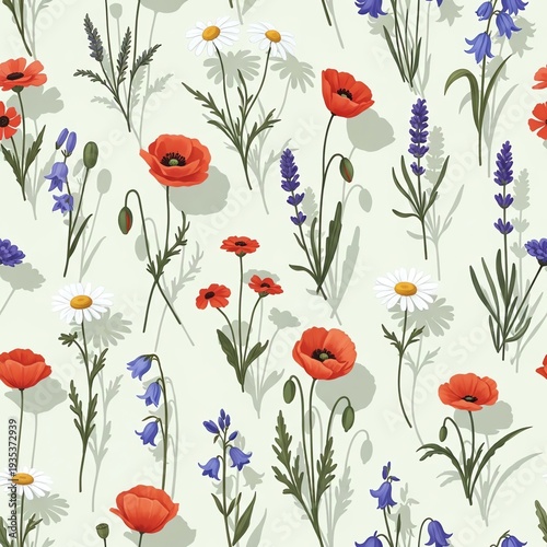 Seamless pattern of colorful wildflowers including red poppies, white daisies, and blue flowers on a light green background with shadows.
