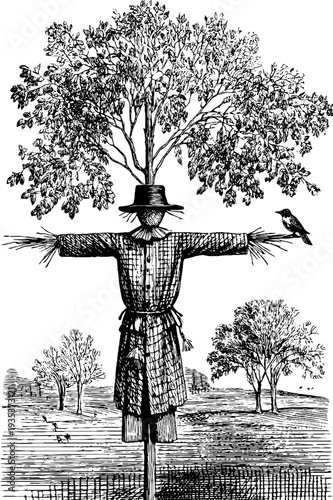 Autumn scarecrow with rustic frame and botanical elements engraving for seasonal decoration