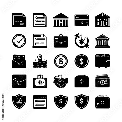 Financial Security Icons Set Black White.