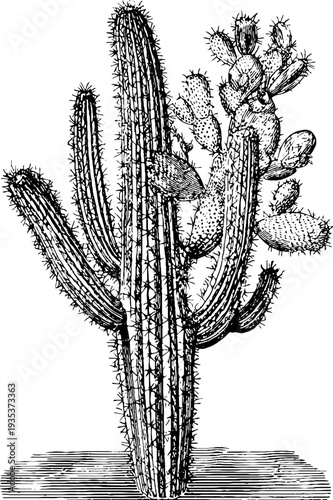 Vintage botanical cactus engraving from the 19th century
