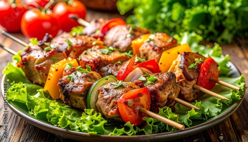 Grilled meat skewers with vegetables served on a plate with salad and tomatoes atop a wooden table