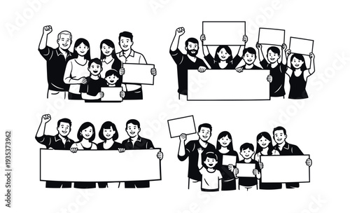 Diverse groups of adult and child protestors raising fists and holding empty placards, symbolizing activism, community, and support