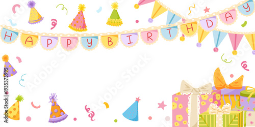 Cartoon birthday party horizontal banner with bunting, party hats, confetti, gift boxes. Festive vintage greeting card design with blank copy space. Vector hand drawn illustration for print or web
