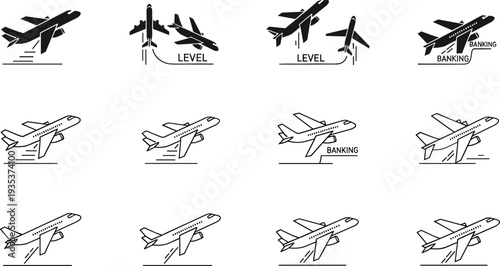 Airplane Flight Attitude Icon Set Featuring Climbing, Descending, Banking and Level Aircraft Positions in Outline Vector Style