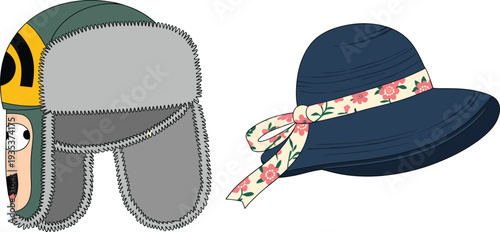 Hat, trapper, floppy, headwear, fashion, accessory, garment, winter, summer, floral, ribbon, bow, fur, cartoon, vector, flat, CAD, illustration, stylish, design