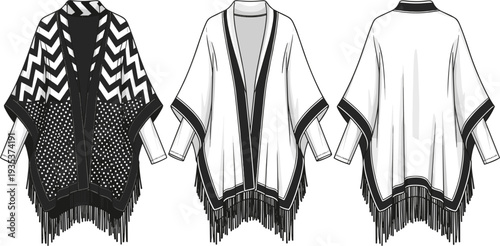 Fashion technical sketch of a women’s knitted poncho cardigan featuring a chevron pattern, textured knit panels, fringe hem, and open front design.