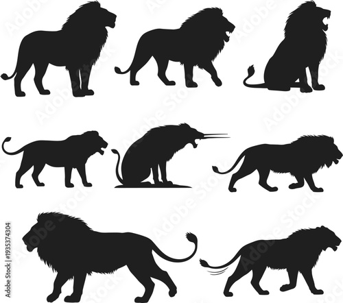 Set of 8 lion silhouettes vector