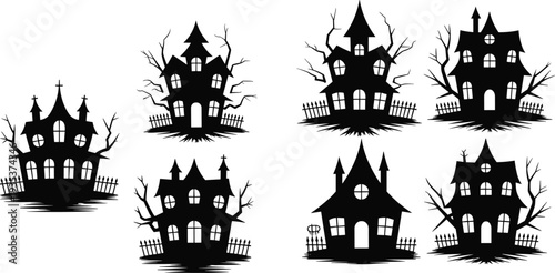 Haunted house silhouette illustration, spooky Halloween design, scary mansion clipart, creepy tree graphic, gothic horror art, ghost house vector, eerie landscape.
