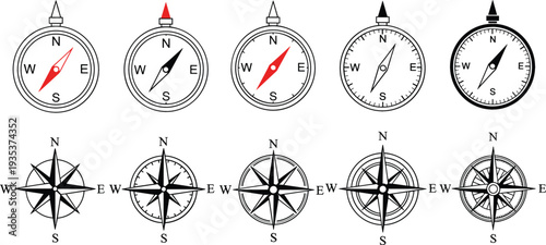 Compass and Wind Rose Icon Set Featuring Navigation Compass Needles with Cardinal Directions in Outline and Solid Vector Styles
