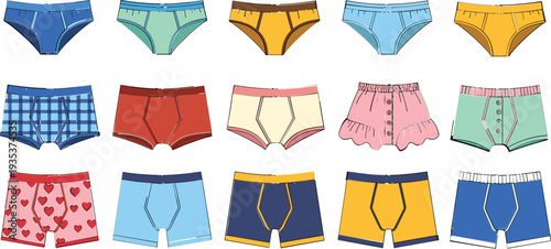 Men and Women Underwear Collection Cartoon Vector Set of Colorful Panties and Boxer Shorts Isolated Fashion Clothing Illustration