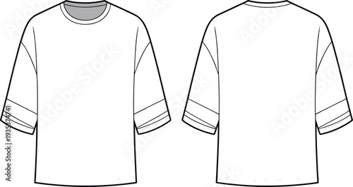 White t-shirt front back view, short sleeves, round neck with grey lining, shoulder seam detail, clean design, cad drawing flat vector illustration