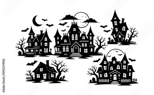 Spooky haunted house silhouettes set featuring creepy mansions, barren trees, flying bats, and moon adding fear