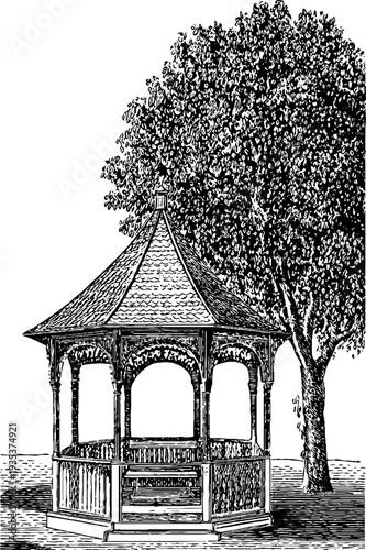 Vintage garden gazebo with detailed botanical engraving from the 19th century
