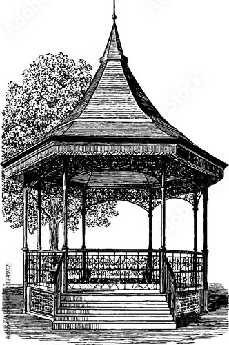 Vintage botanical engraving of a 19th century garden gazebo for print and design