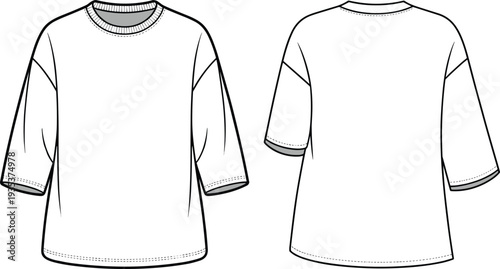 White t-shirt front back view, short sleeves, loose fit, round neck, stitched hem details, garment sketch, cad drawing flat vector illustration