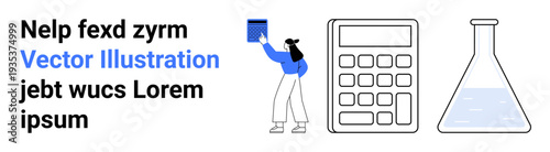 Education, science, calculations, chemistry, research, minimalistic design. Woman placing square on wall, a calculator icon a chemistry flask. Education and scientific research concept