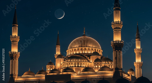 A large mosque lit up at night with a crescent moon
