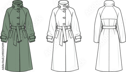 Fashion technical sketch of a women’s long belted trench coat featuring a high funnel neck, raglan sleeves, storm flaps, and welt pockets.