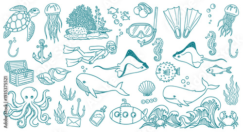 Whimsical Hand Drawn Underwater World Collection Featuring Marine Life Ocean Creatures And Scuba Diving Elements