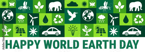Happy World Earth Day background, banner or poster design template. Green Grid Graphic Featuring Sustainability Icons like Solar Panels, Wind Turbines, Electric Cars, Recycling Symbols, and Wildlife