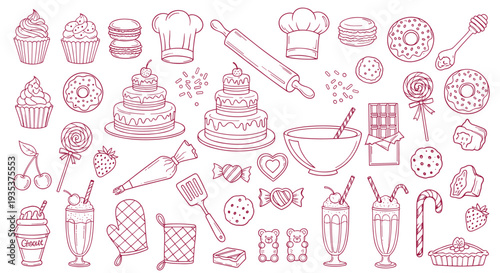 A delightful collection of baking and dessert illustrations, perfect for culinary themes and sweet treats