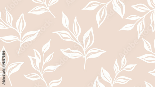 White Leaves Pattern on Beige Background.