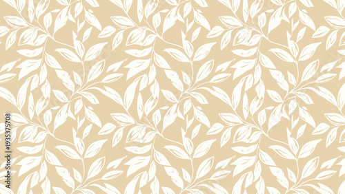 White Leaves Pattern on Beige Background.