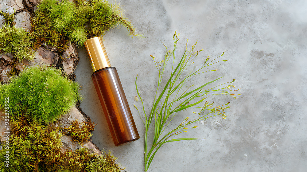 Fototapeta premium Natural cosmetic serum glass bottle with golden cap on green moss and concrete background. Eco skincare product and organic beauty concept. 