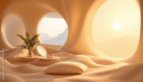 Soft shape gentle shape organic interior warm light cozy space modern design minimal decor sunrise round window desert landscape Soft shape gentle shape organic interior warm light cozy space