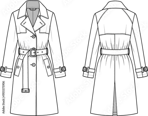 Fashion technical sketch of a classic white trench coat vector template featuring a belted waist with front and back views.