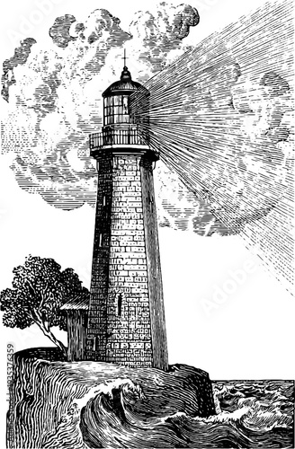 Vintage lighthouse with upward light beam on coastal cliff for nautical decor