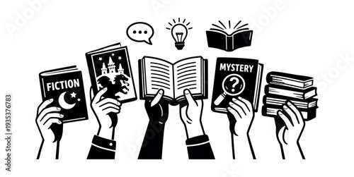 Hands holding various books celebrating reading, knowledge, and literacy with speech bubble and light bulb concepts