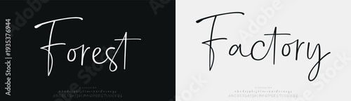 Forest Factory, Script luxury wedding alphabet letters font with tails. Typography elegant classic serif fonts and number decorative vintage retro concept for logo branding. vector illustration
