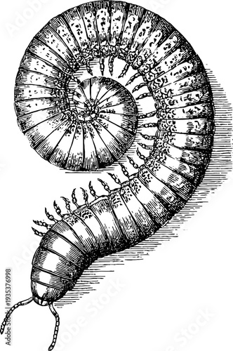 Detailed 19th century millipede botanical engraving for retro design