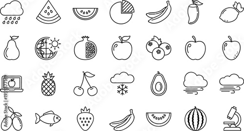 Fruit and Food Line Icon Set Featuring Watermelon, Banana, Apple, Pineapple, Cherry, Avocado and Weather Symbols in Outline Vector Style