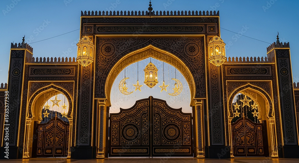 Obraz premium A large ornate building with a beautiful archway and gates at dusk