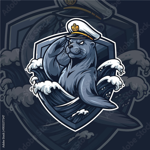 Blue sea lion wearing captain hat breaking through shield logo