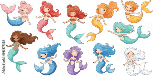 Cute Mermaid Cartoon Set with Colorful Hair and Tails Fantasy Underwater Princess Characters Collection for Kids Illustration Vector Bundle