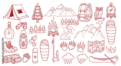 Collection of hand drawn camping and outdoor adventure icons and elements in a whimsical doodle style perfect for travel blogs and nature enthusiasts