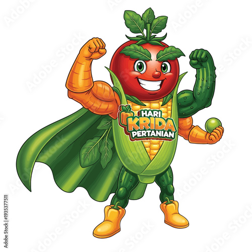 Cartoon tomato hero with leafy cape and squash arms for Pertanian Hari Krida