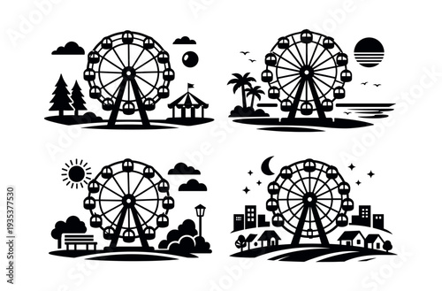 Ferris wheel icons presenting carnival, fairground, leisure, and amusement park concepts in different settings